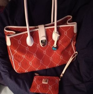 Red and white  large Dooney and Bork tote purse with matching wristlet